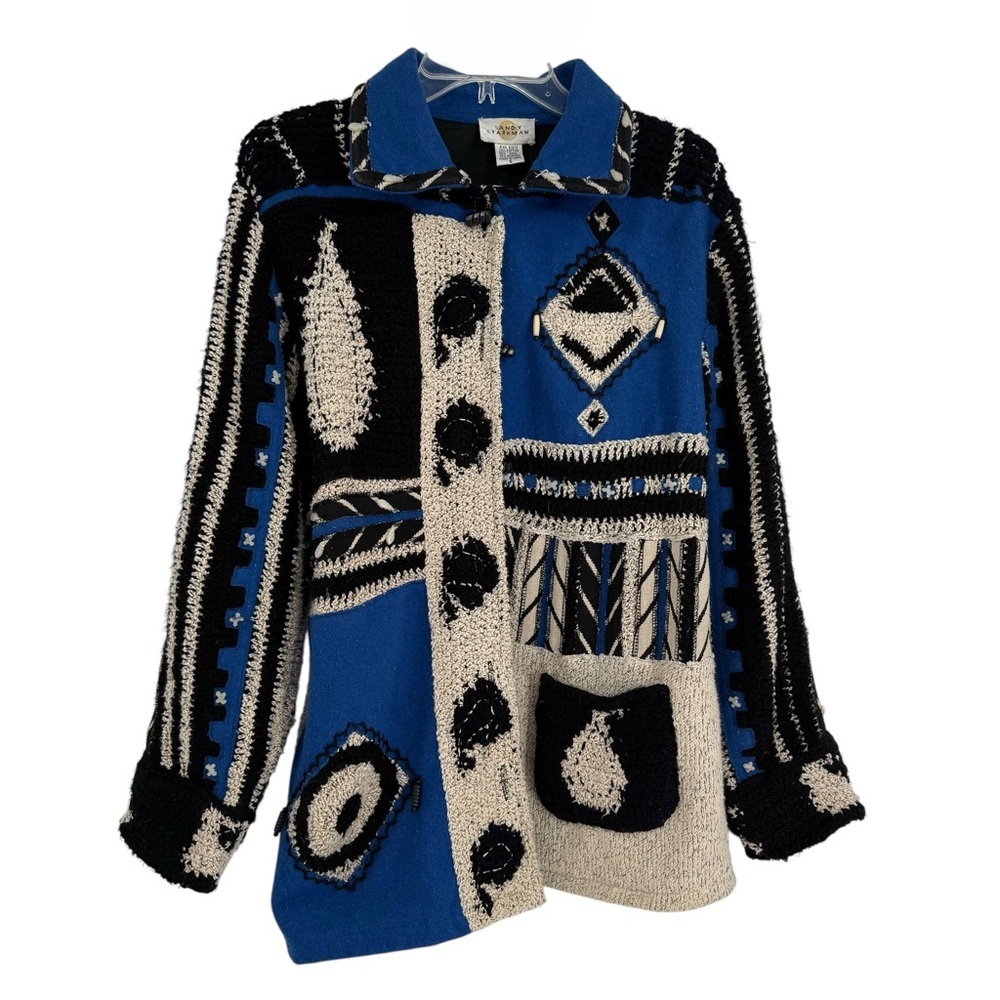 Sandy Starkman Women’s Patchwork Jacket Blue Buttoned Size S Vintage Wool